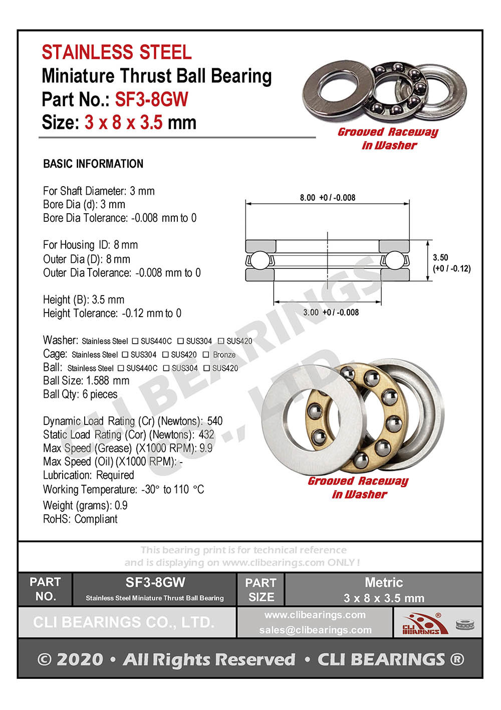 Original sf3 8gw sf3 8m stainless steel miniature thrust ball bearing 3x8x3 5mm nw