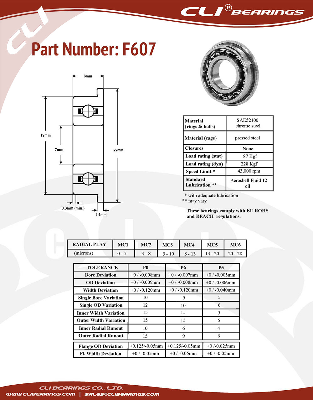 Original f607 flanged miniature bearing 7x19x6mm open type   cli bearings co ltd