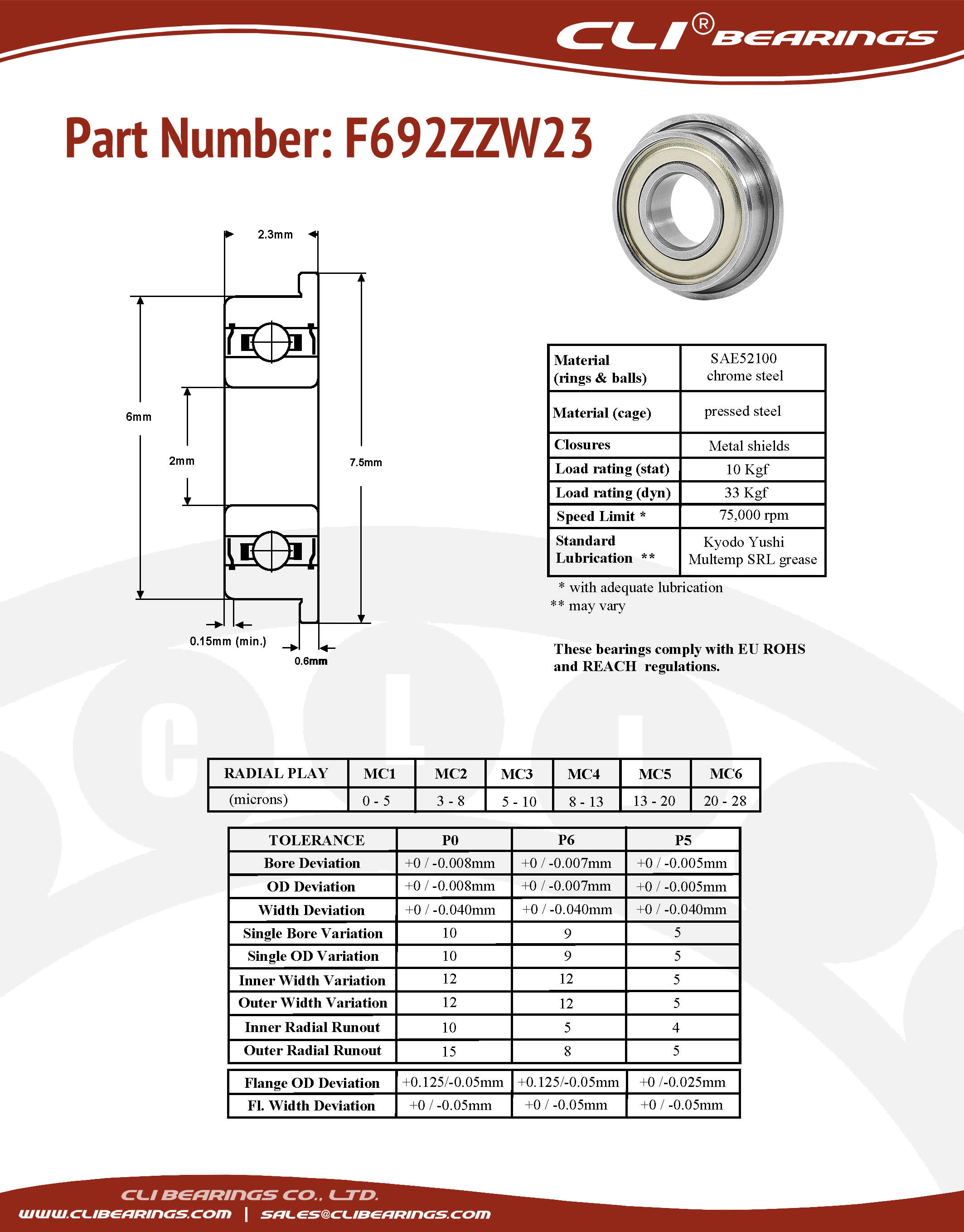 Original f692zzw23 flanged miniature bearing 2x6x2 3mm cli nw