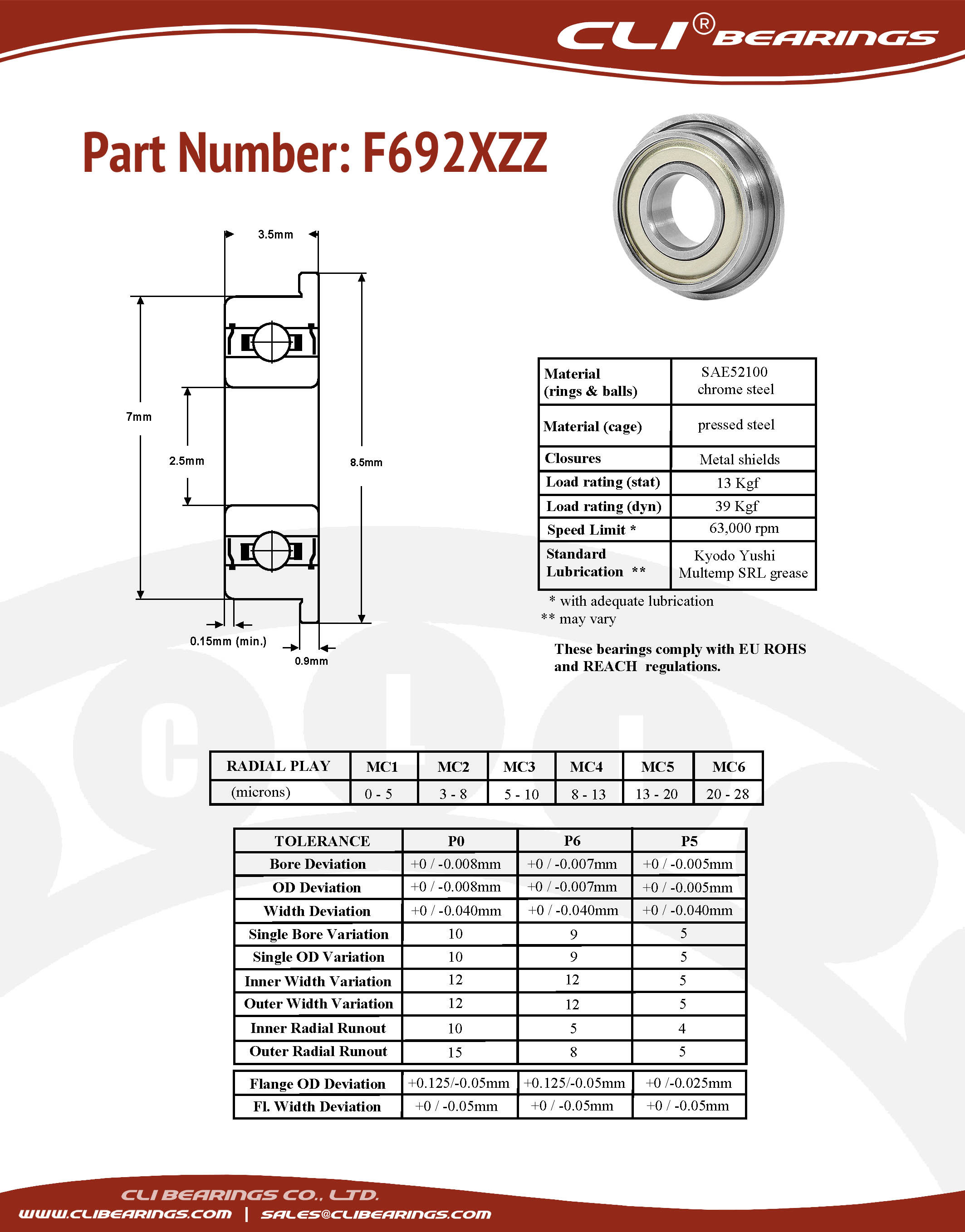 Original f692xzz flanged miniature bearing 2 5x7x3 5mm cli nw