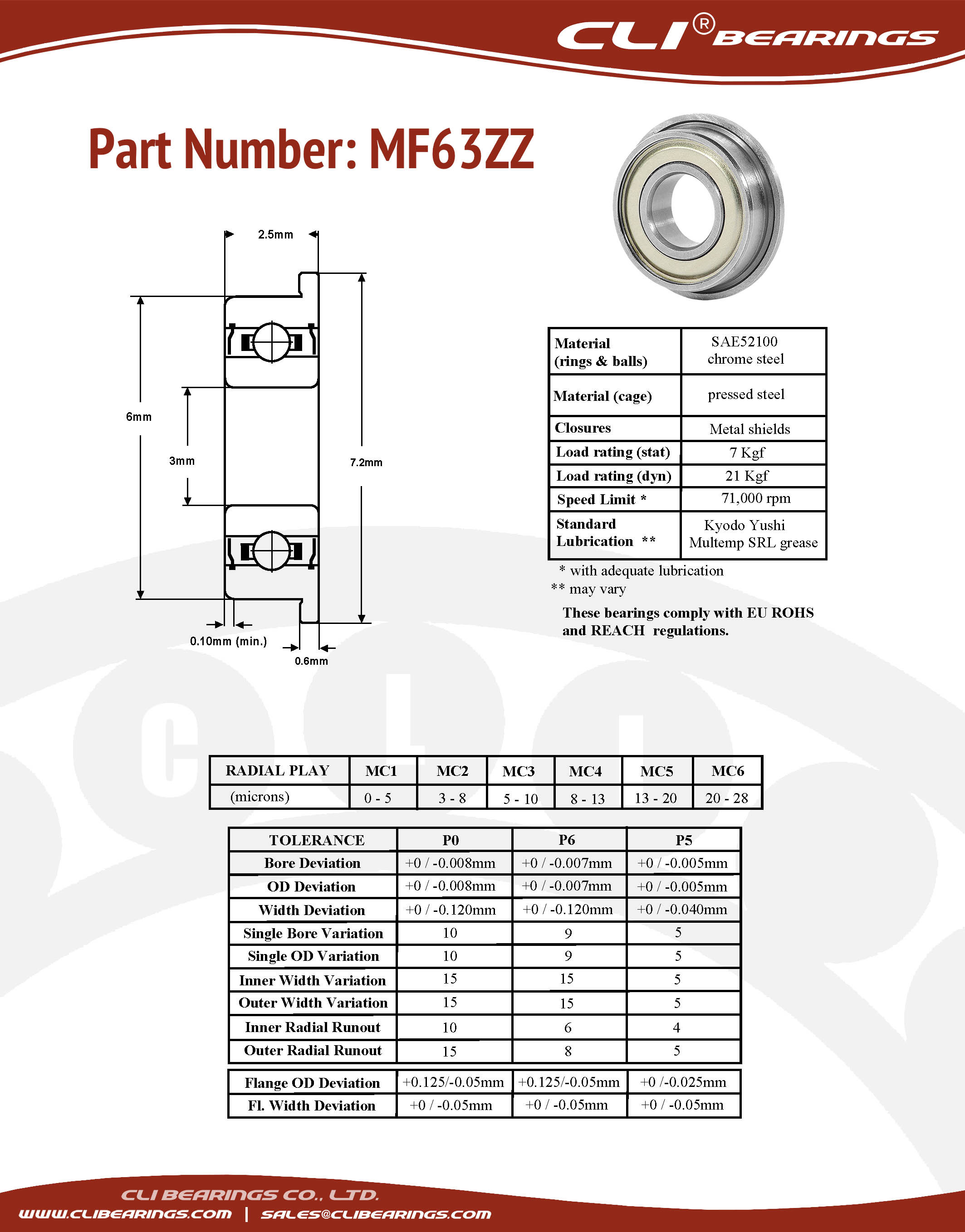 Original mf63zz flanged miniature bearing 3x6x2 5mm cli nw