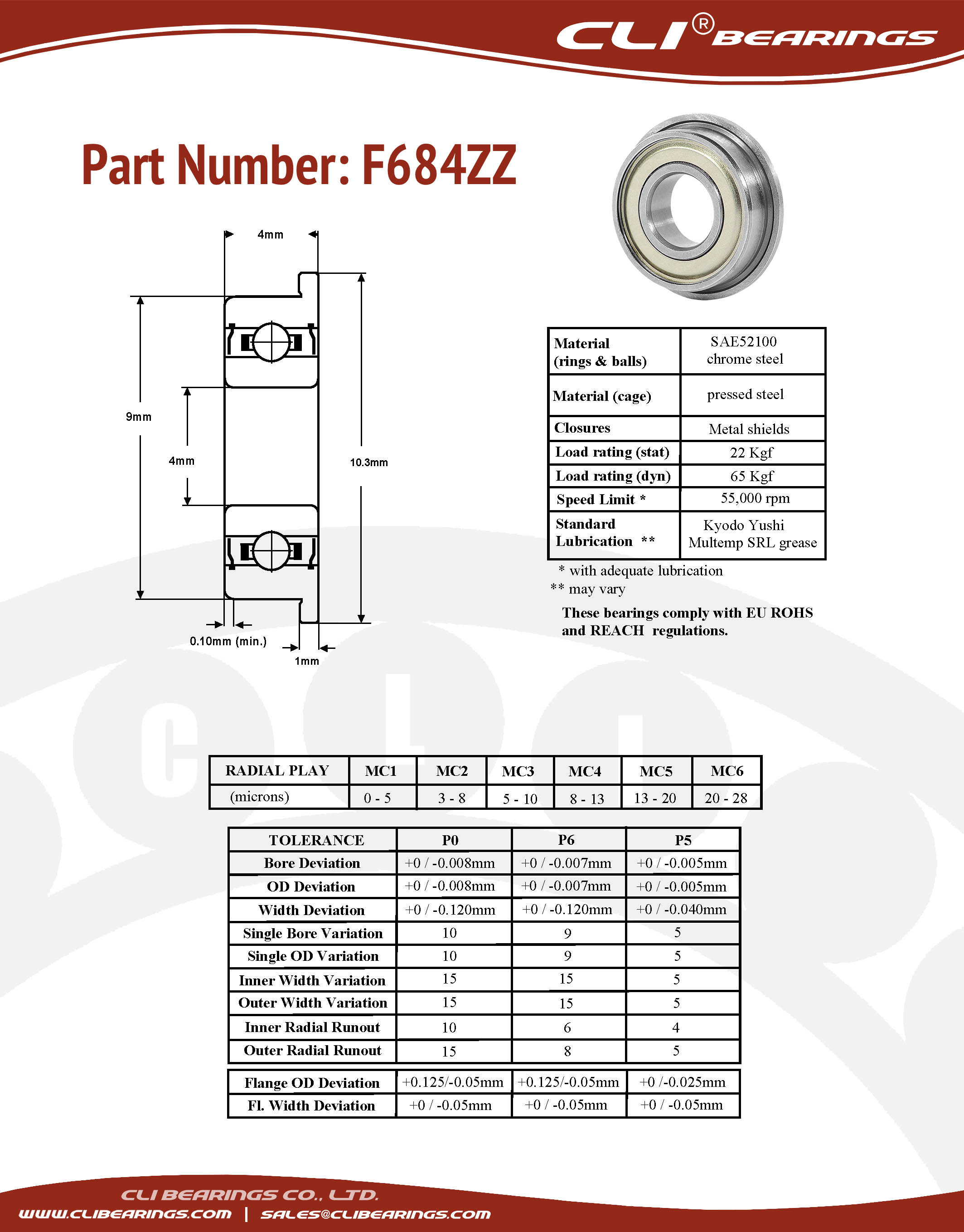 Original f684zz flanged miniature bearing 4x9x4mm cli nw