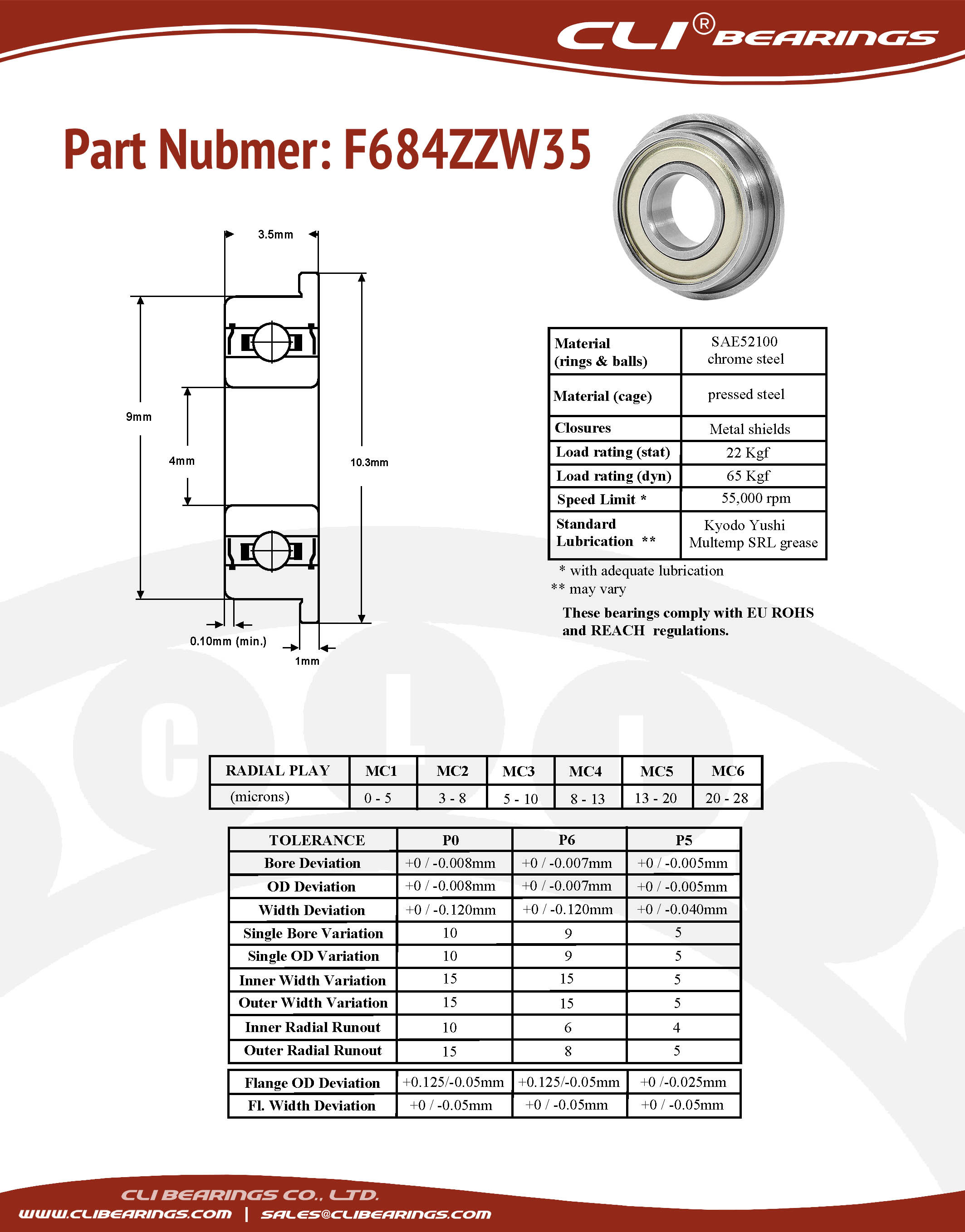 Original f684zzw35 flanged miniature bearing 4x9x3 5mm cli nw