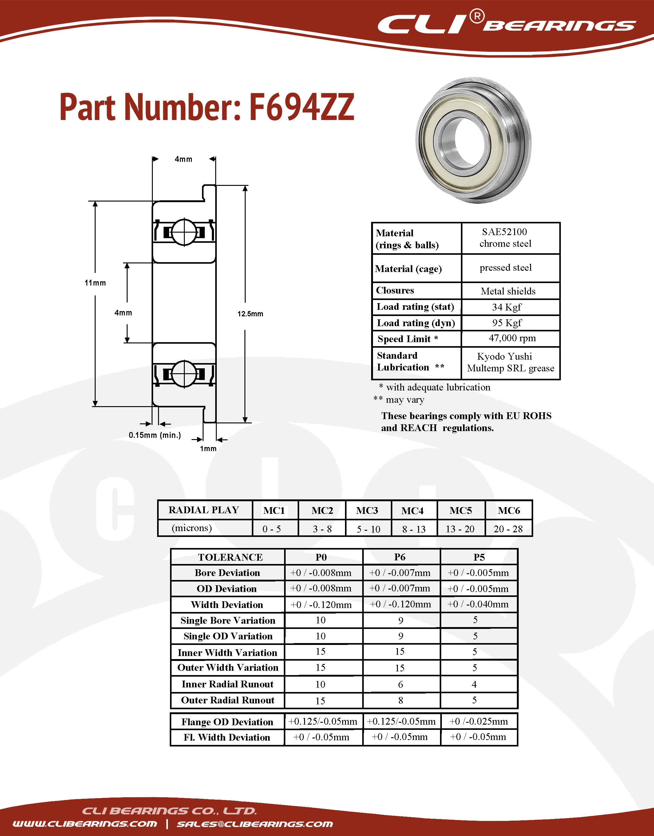 Original f694zz flanged miniature bearing 4x11x4mm cli nw