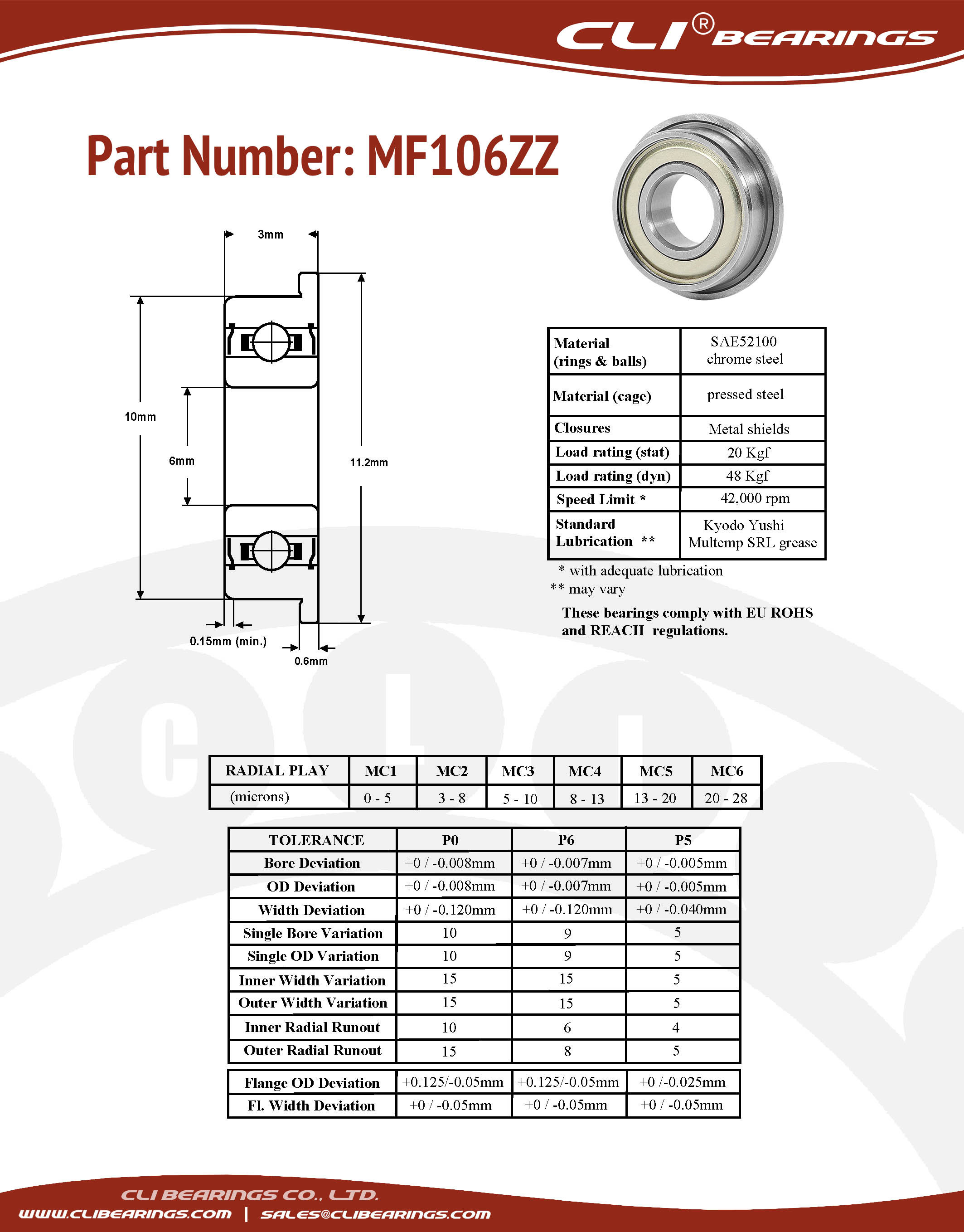 Original mf106zz flanged miniature bearing 6x10x3mm cli nw