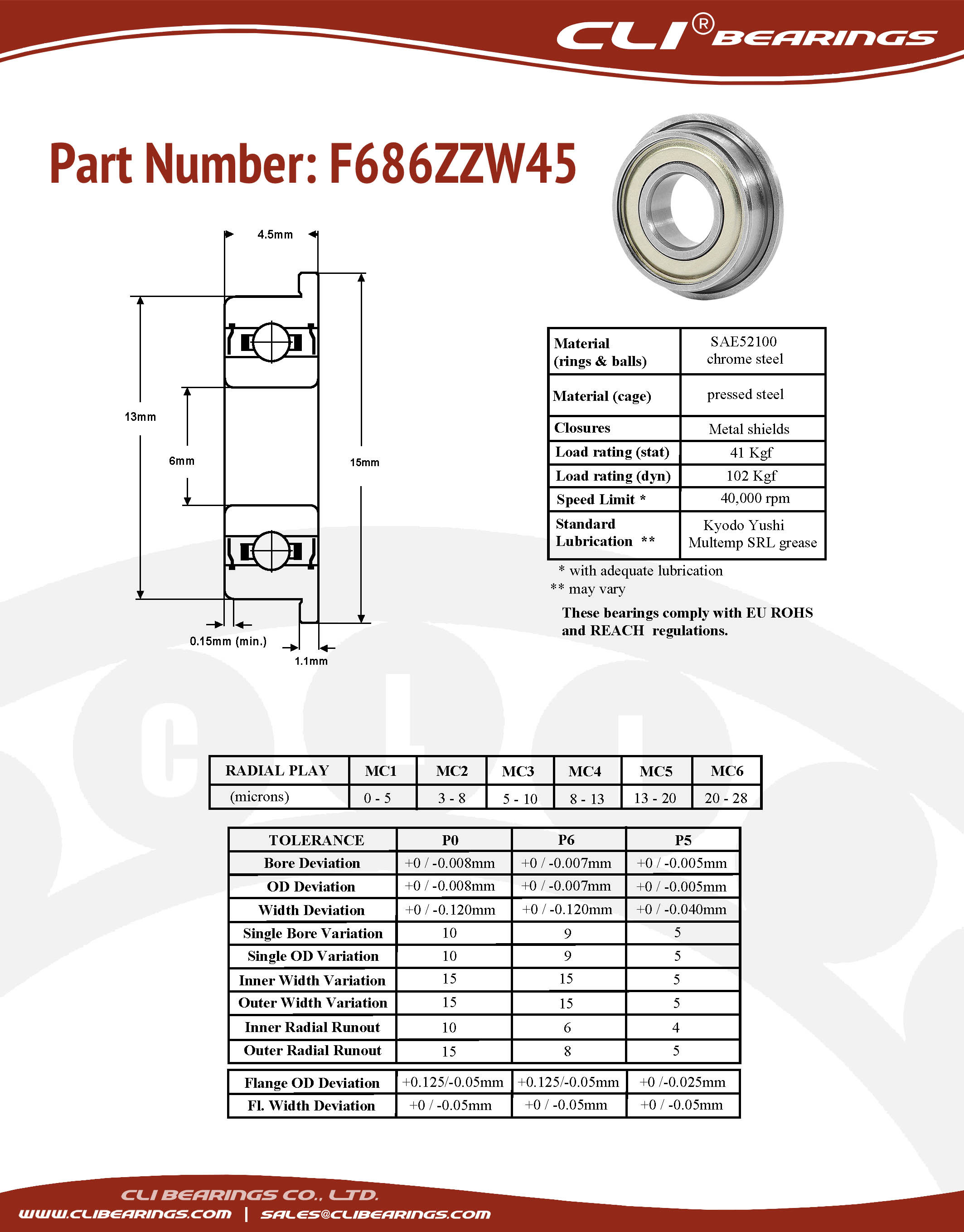 Original f686zzw45 flanged miniature bearing 6x13x4 5mm cli nw