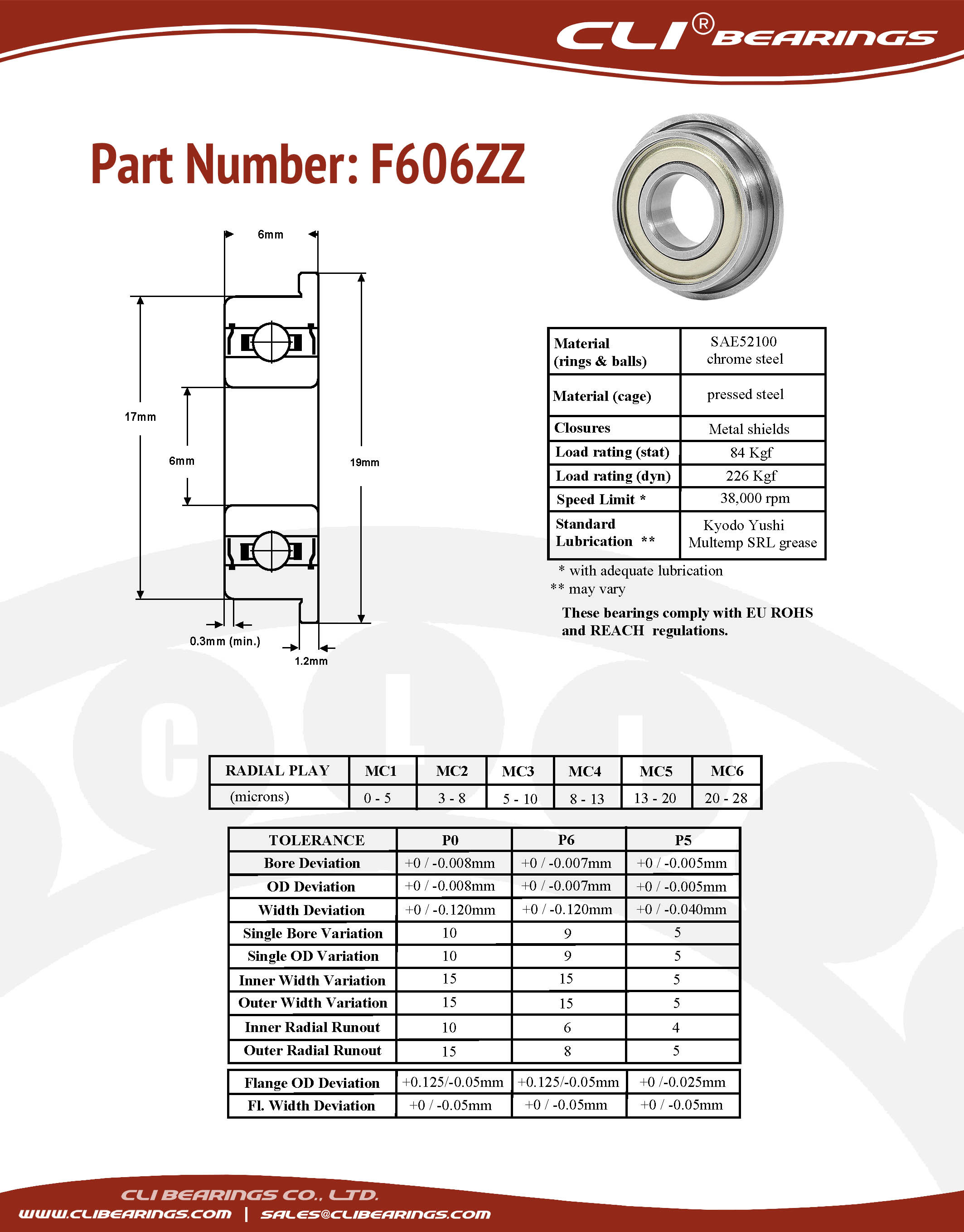 Original f606zz flanged miniature bearing 6x17x6mm cli nw
