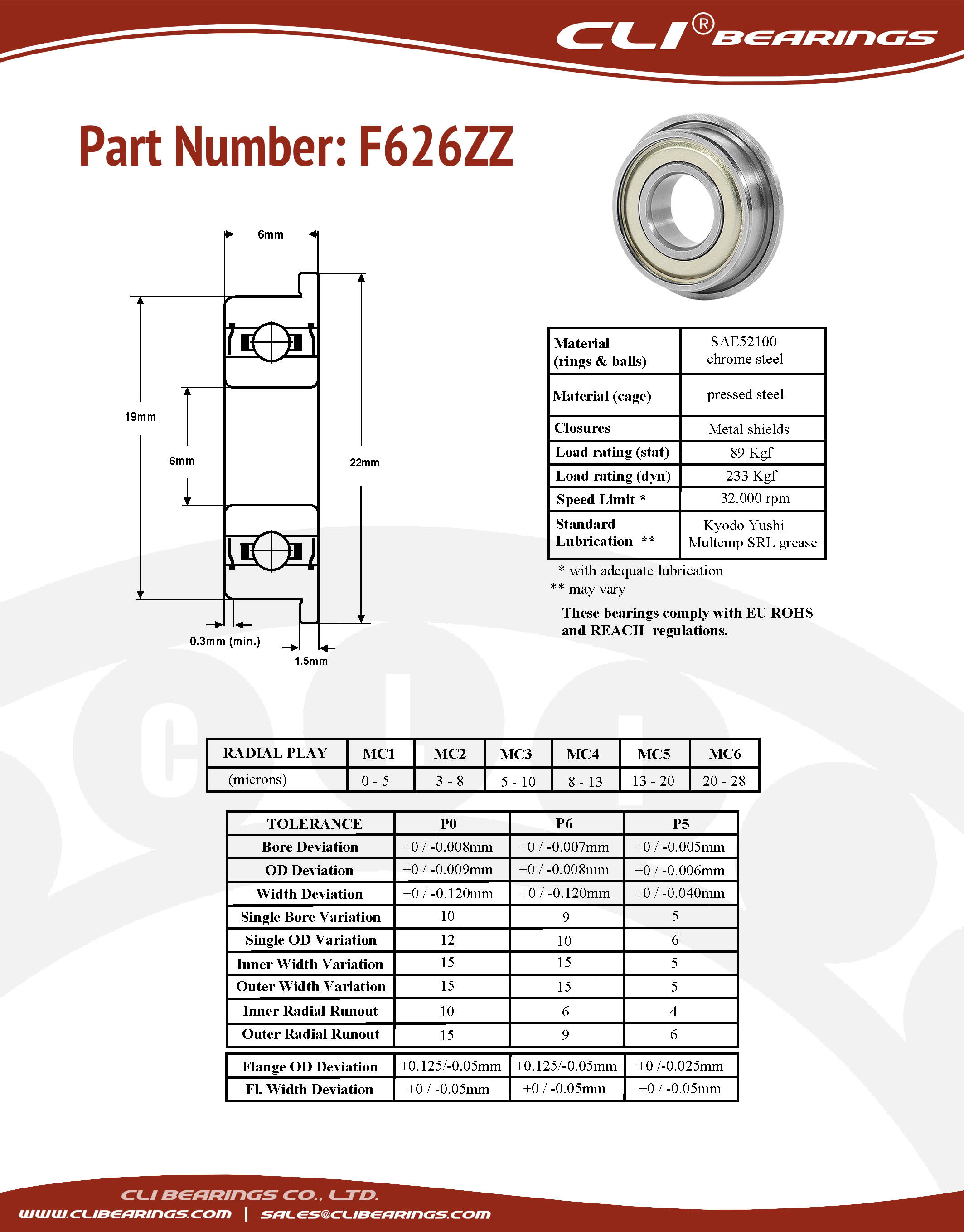 Original f626zz flanged miniature bearing 6x19x6mm cli nw