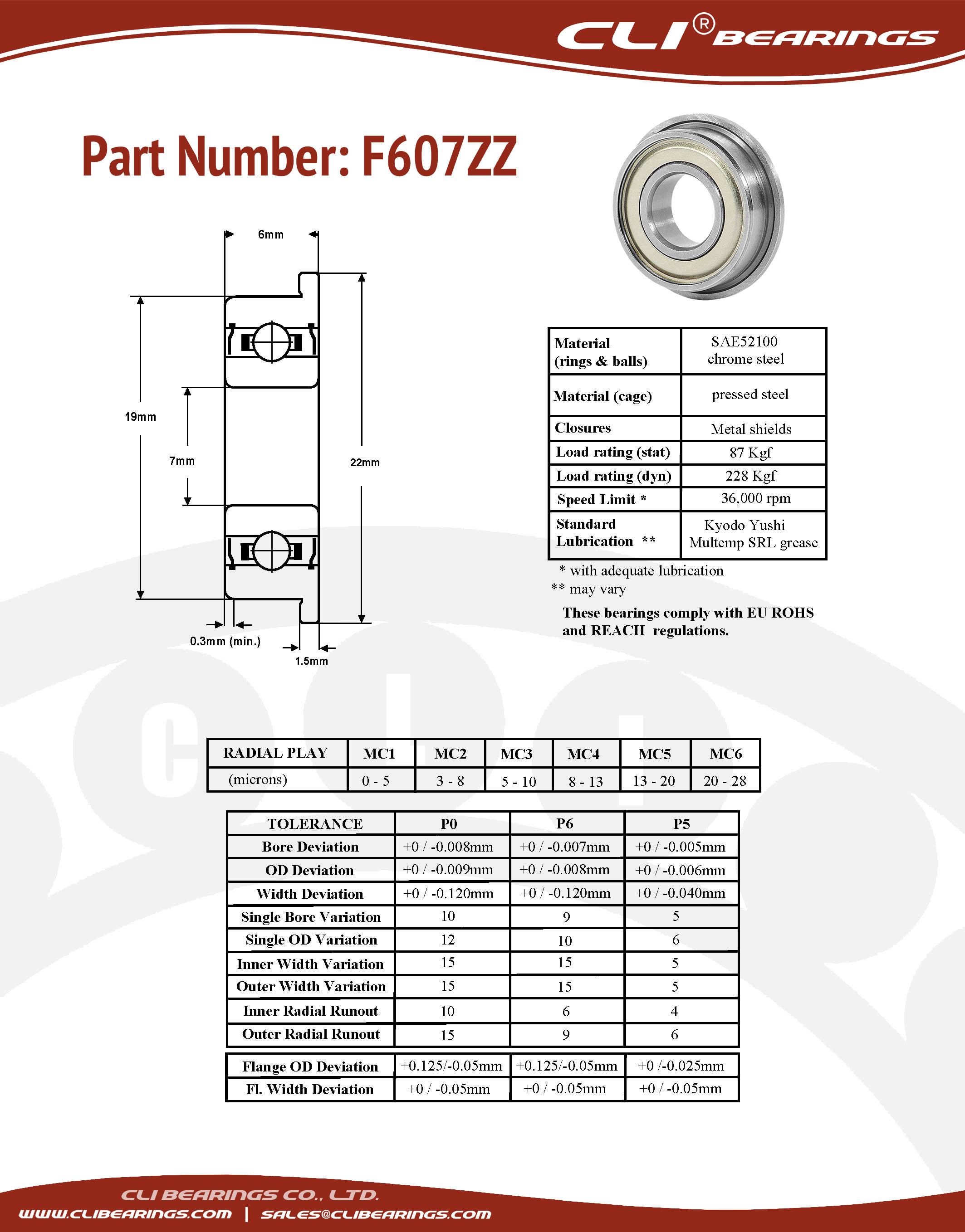 Original f607zz flanged miniature bearing 7x19x6mm cli nw