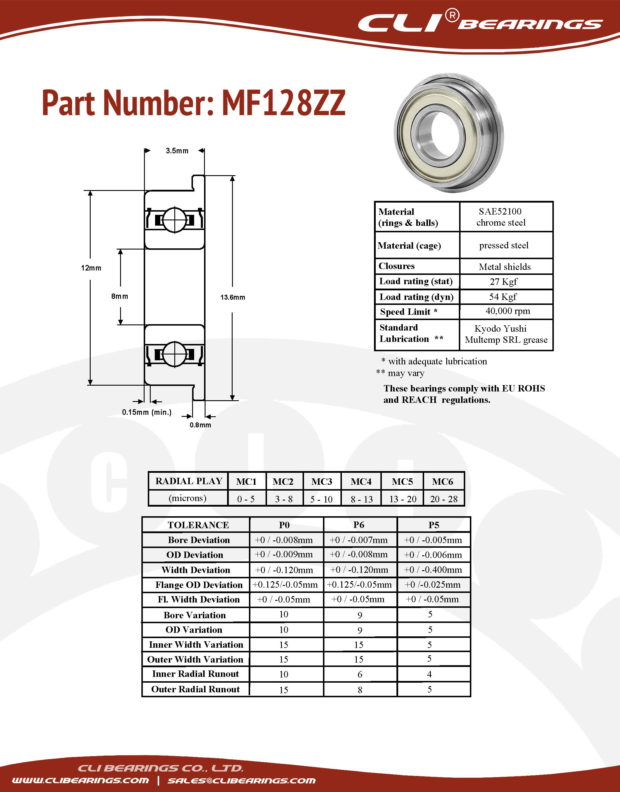Original mf128zz flanged miniature bearing 8x12x3 5mm cli nw