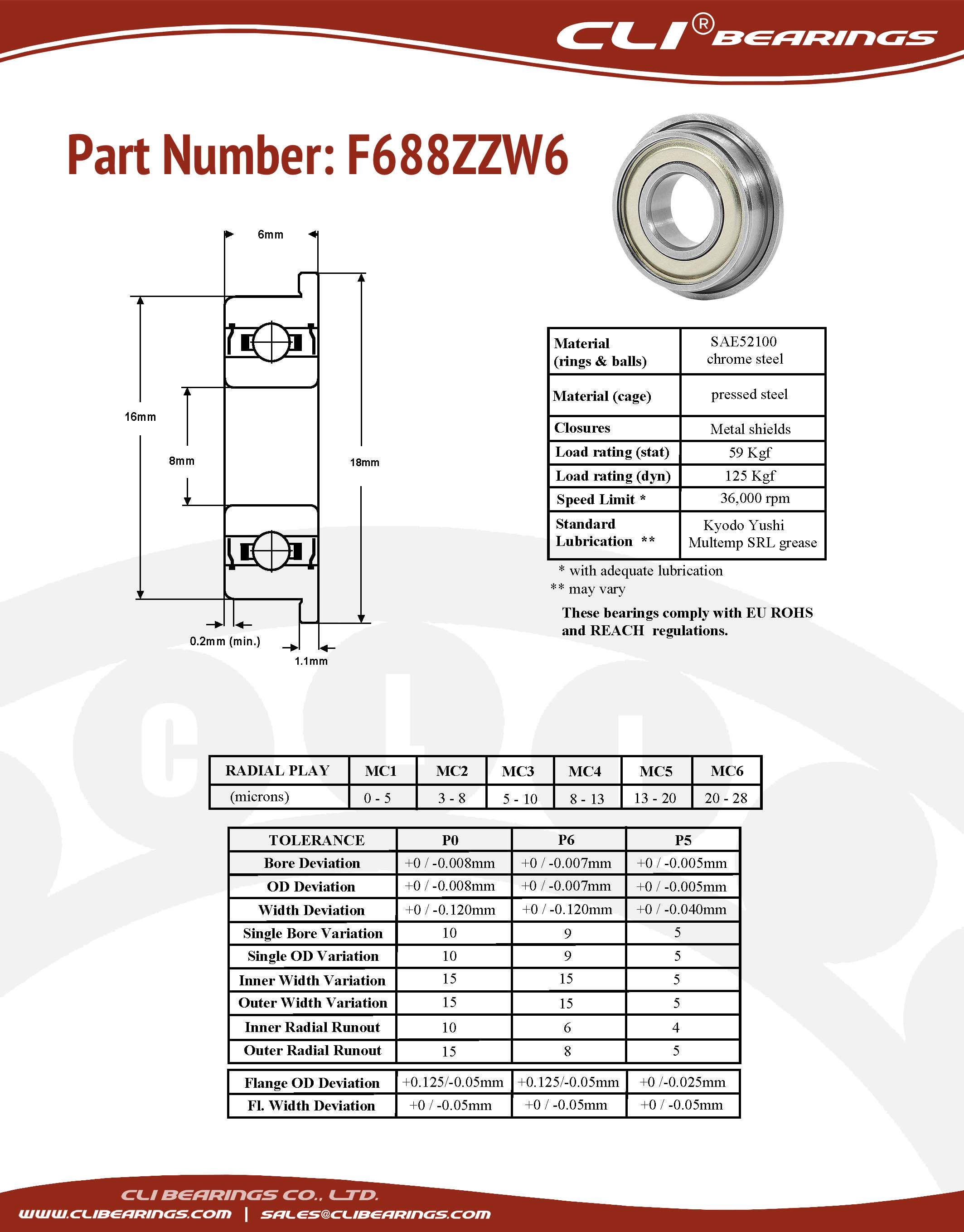 Original f688zzw6 flanged miniature bearing 8x16x6mm cli nw