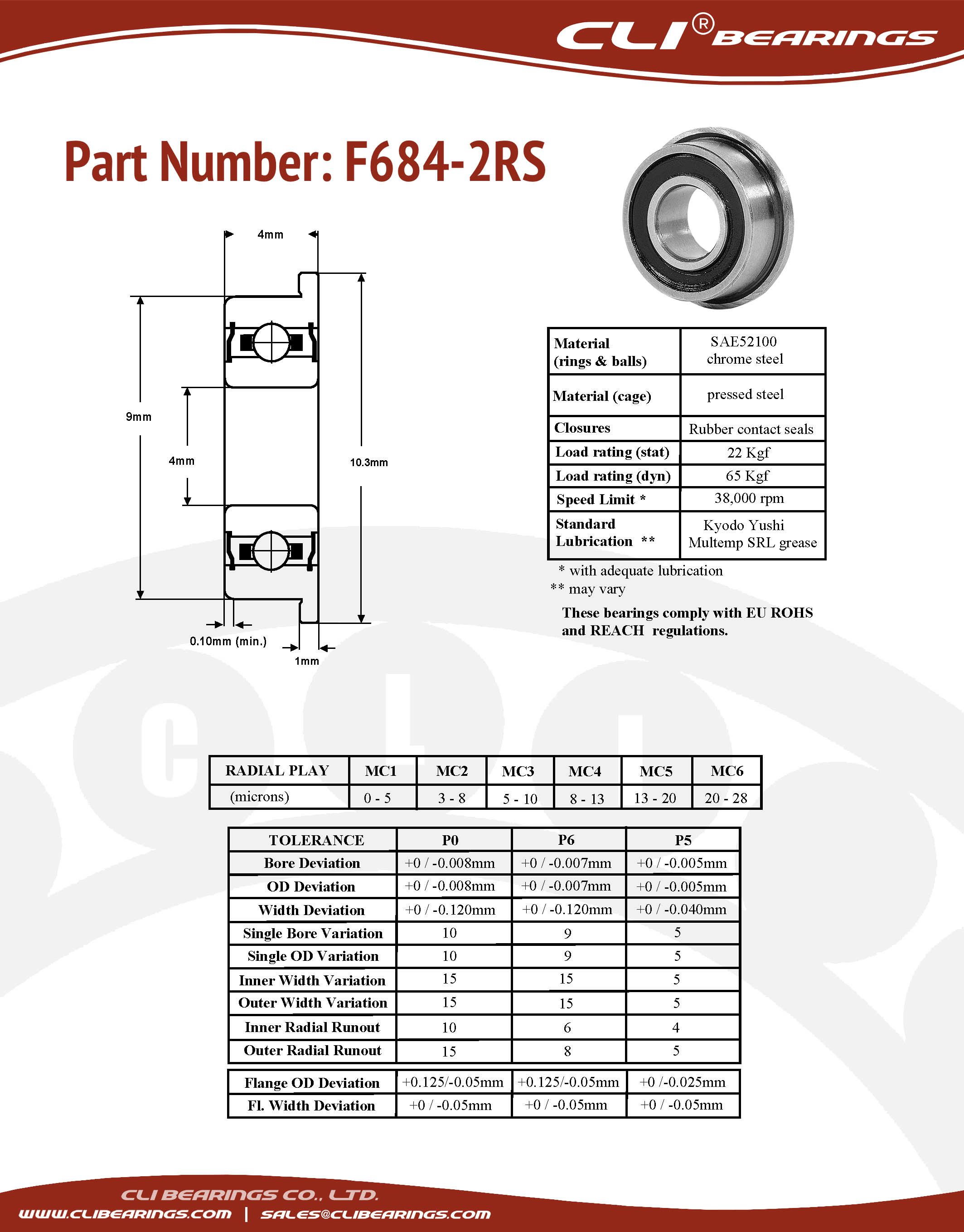 Original f684 2rs flanged miniature bearing 4x9x4mm cli nw