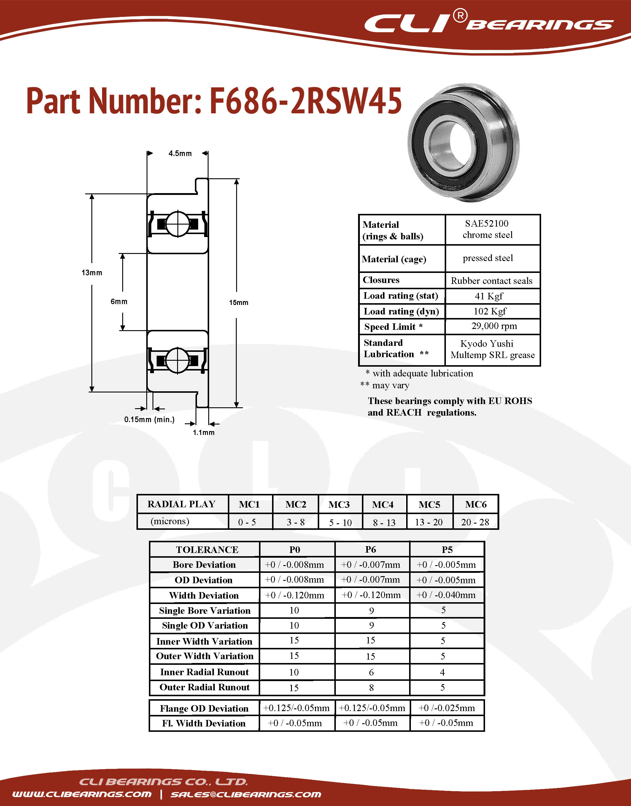 Original f686 2rsw45 flanged miniature bearing 6x13x4 5mm cli nw