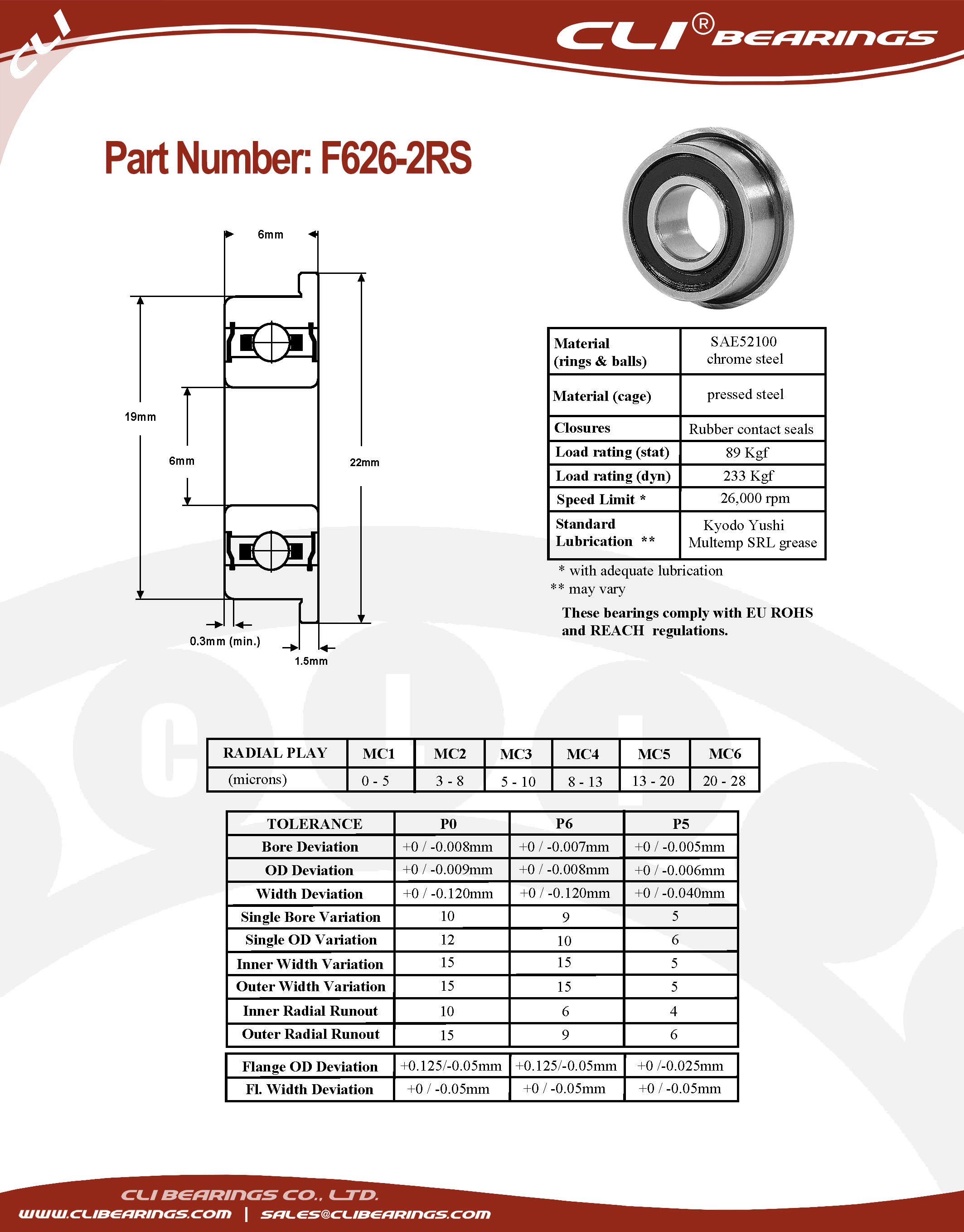 Original f626 2rs flanged miniature bearing 6x19x6mm cli