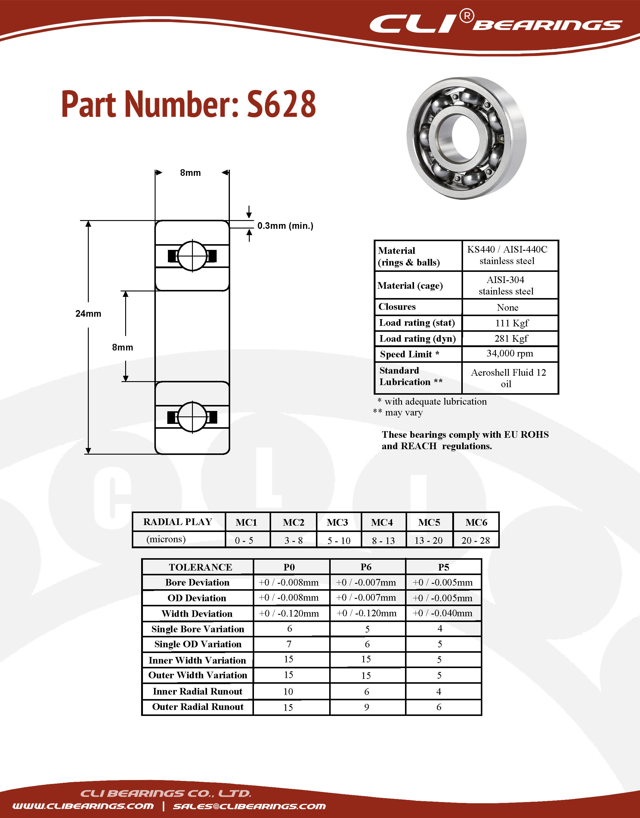 Original s628 stainless steel miniature bearing 8x24x8mm cli nw