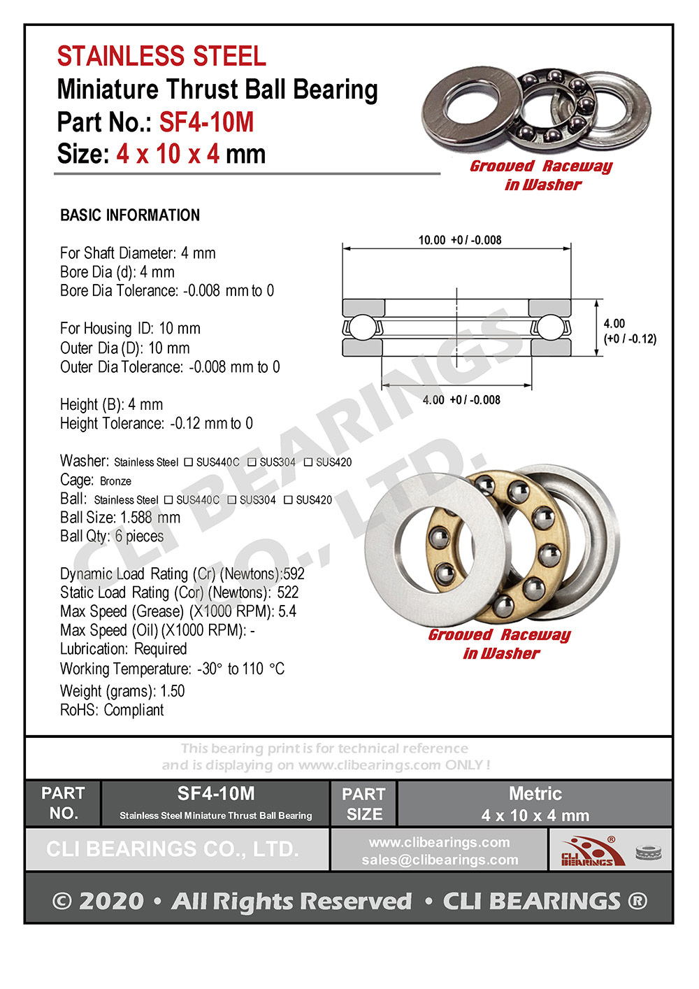 Original sf4 10m stainless steel miniature thrust ball bearing 4x10x4mm nw