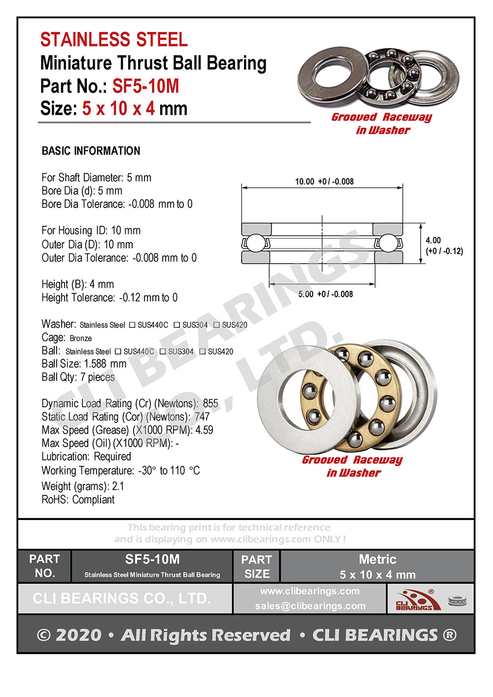 Original sf5 10m stainless steel miniature thrust ball bearing 5x10x4mm nw