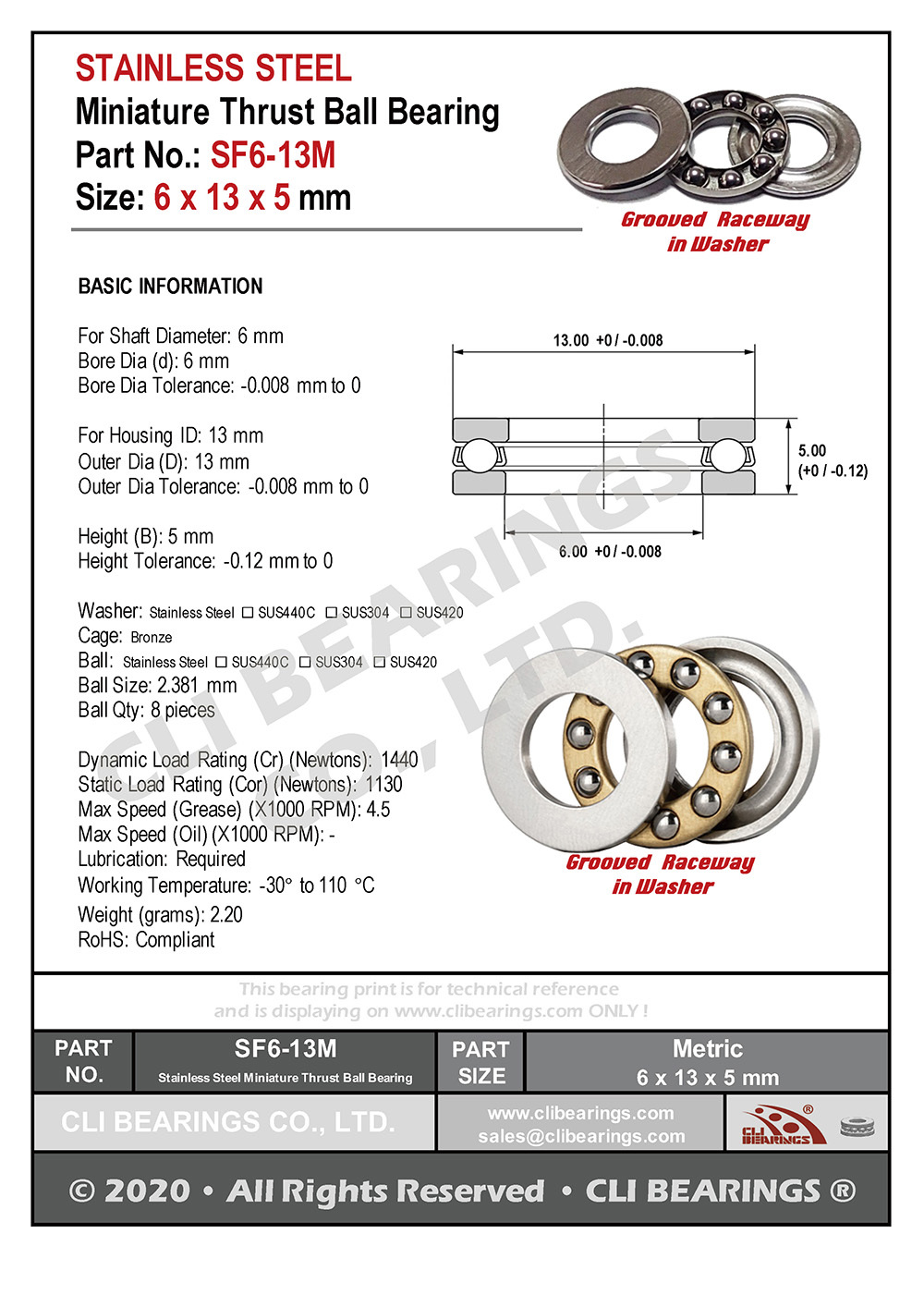 Original sf6 13m stainless steel miniature thrust ball bearing 6x13x5mm nw