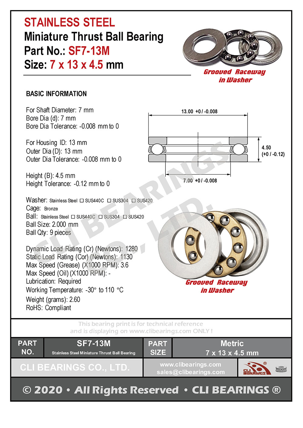 Original sf7 13m stainless steel miniature thrust ball bearing 7x13x4 5mm nw