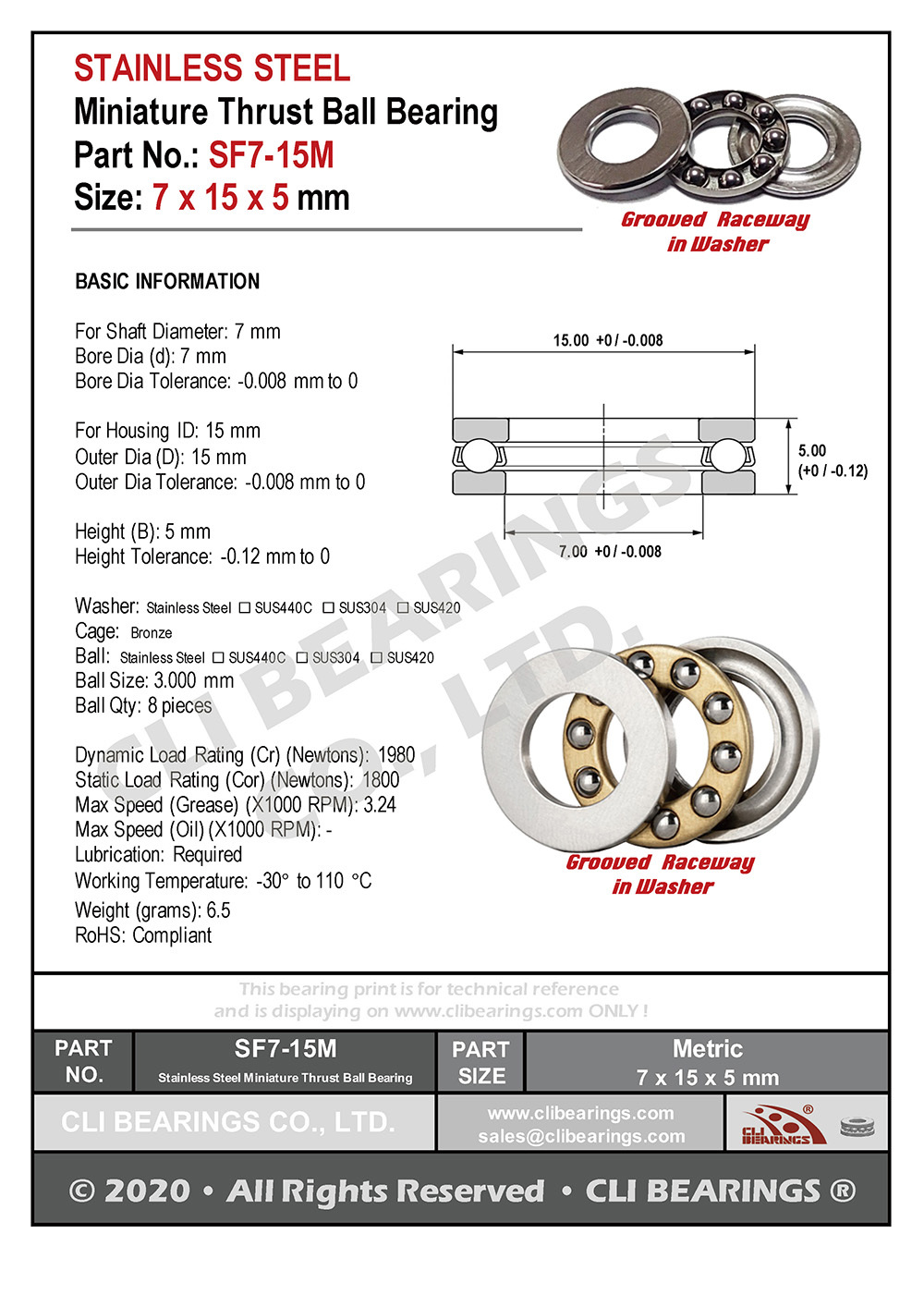 Original sf7 15m stainless steel miniature thrust ball bearing 7x15x5mm nw