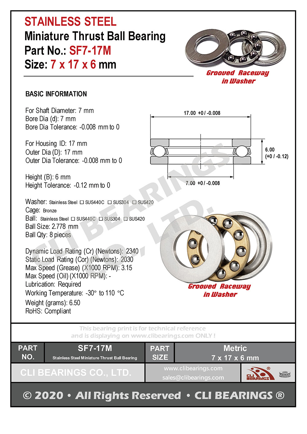 Original sf7 17m stainless steel miniature thrust ball bearing 7x17x6mm nw