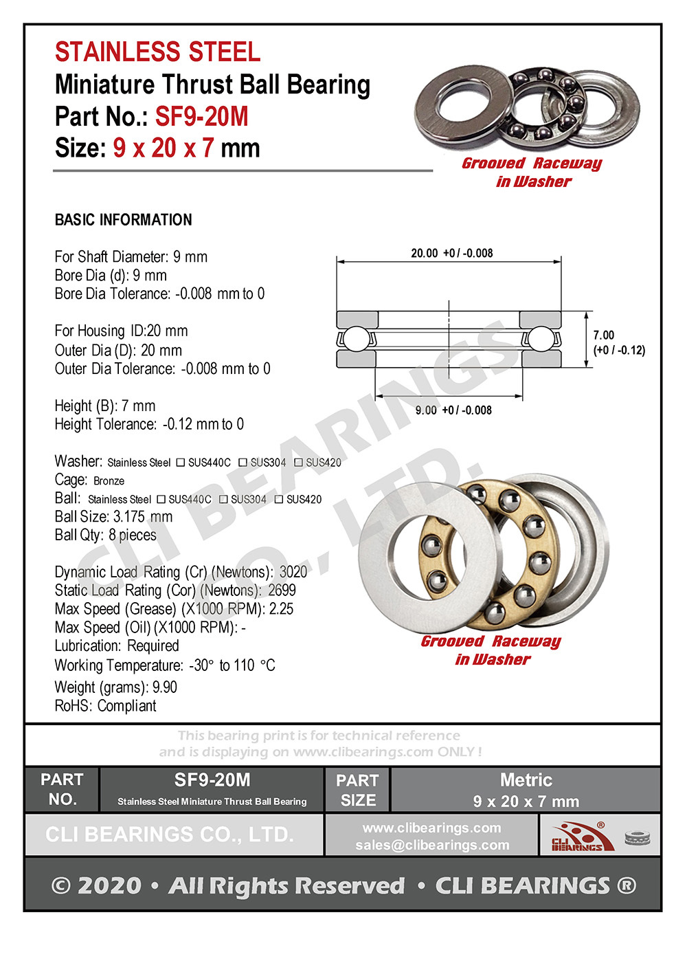 Original sf9 20m stainless steel miniature thrust ball bearing 9x20x7mm nw