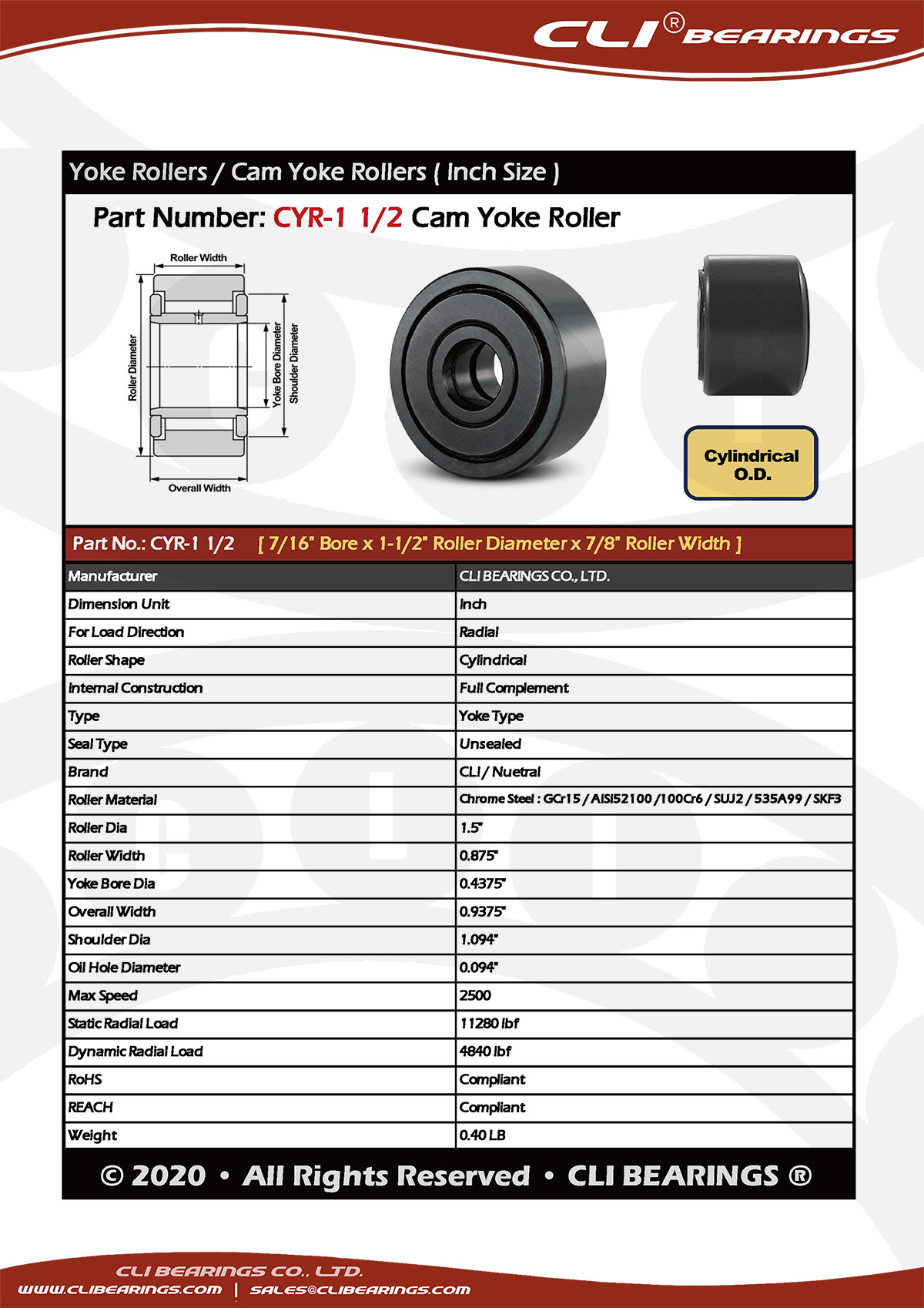 Original cyr 1 1 2 cam yoke roller nw