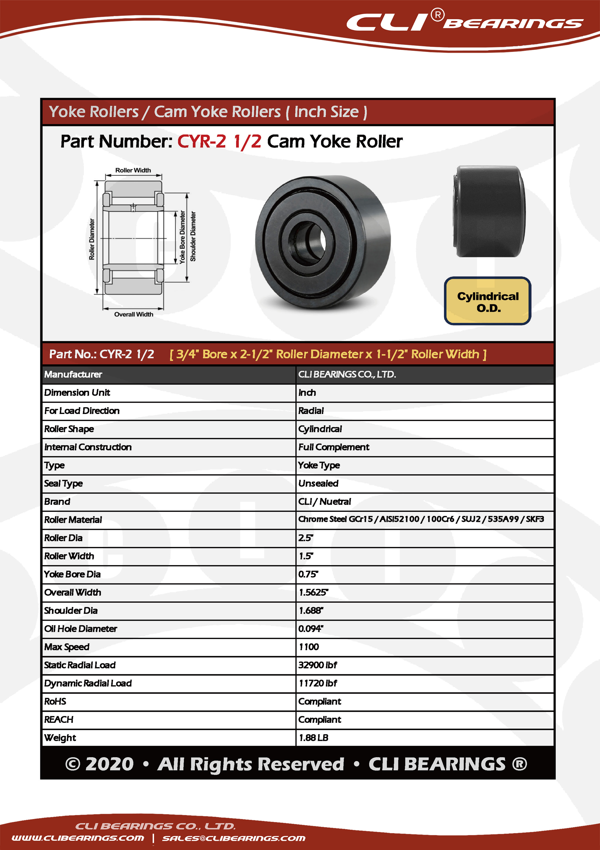 Original cyr 2 1 2 cam yoke roller nw