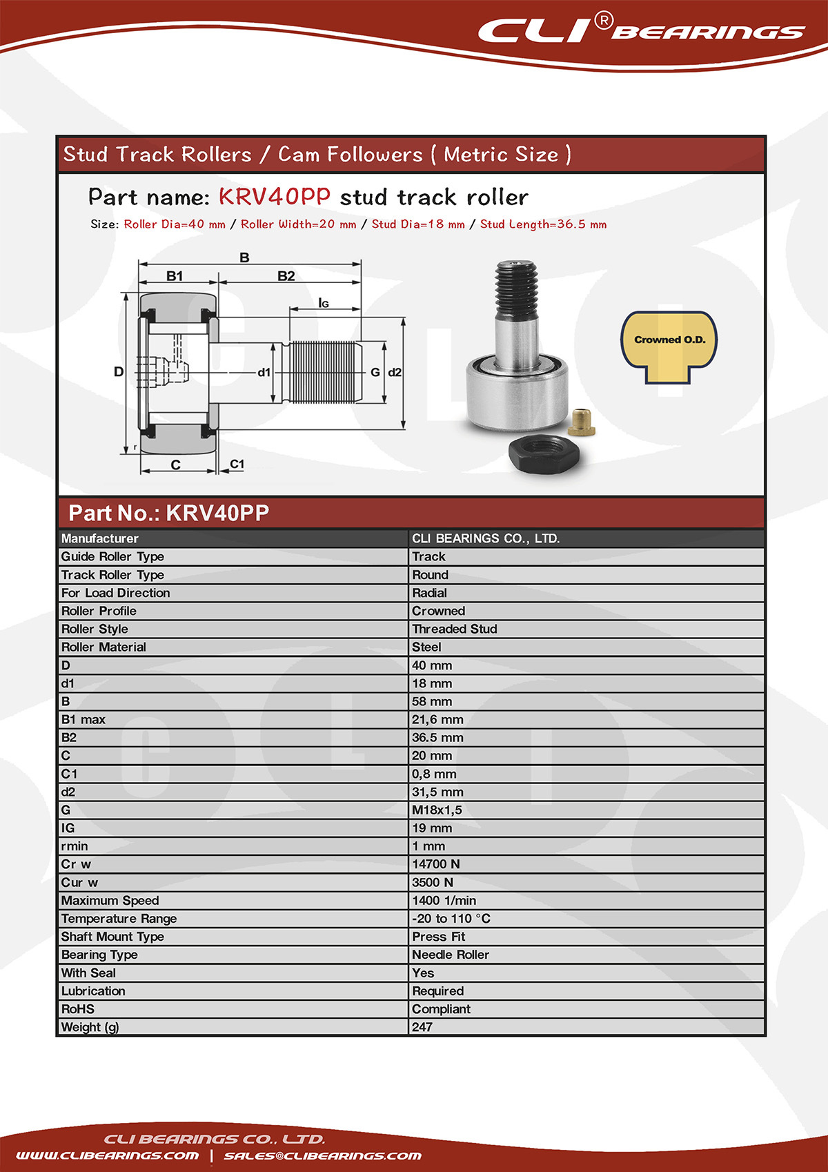 Original krv40 pp stud track rollers stud cam followers nw