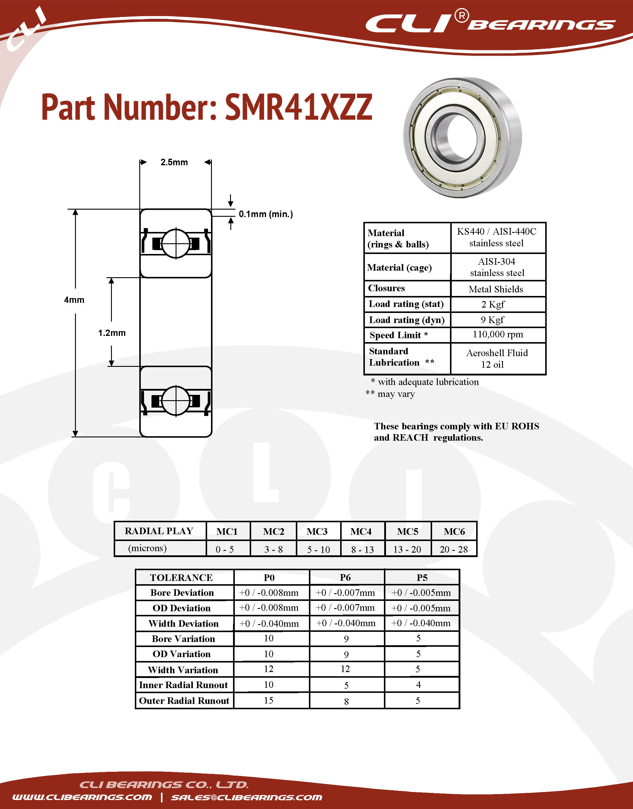 Original smr41xzz stainless steel miniature bearing 1 2x4x2 5mm cli