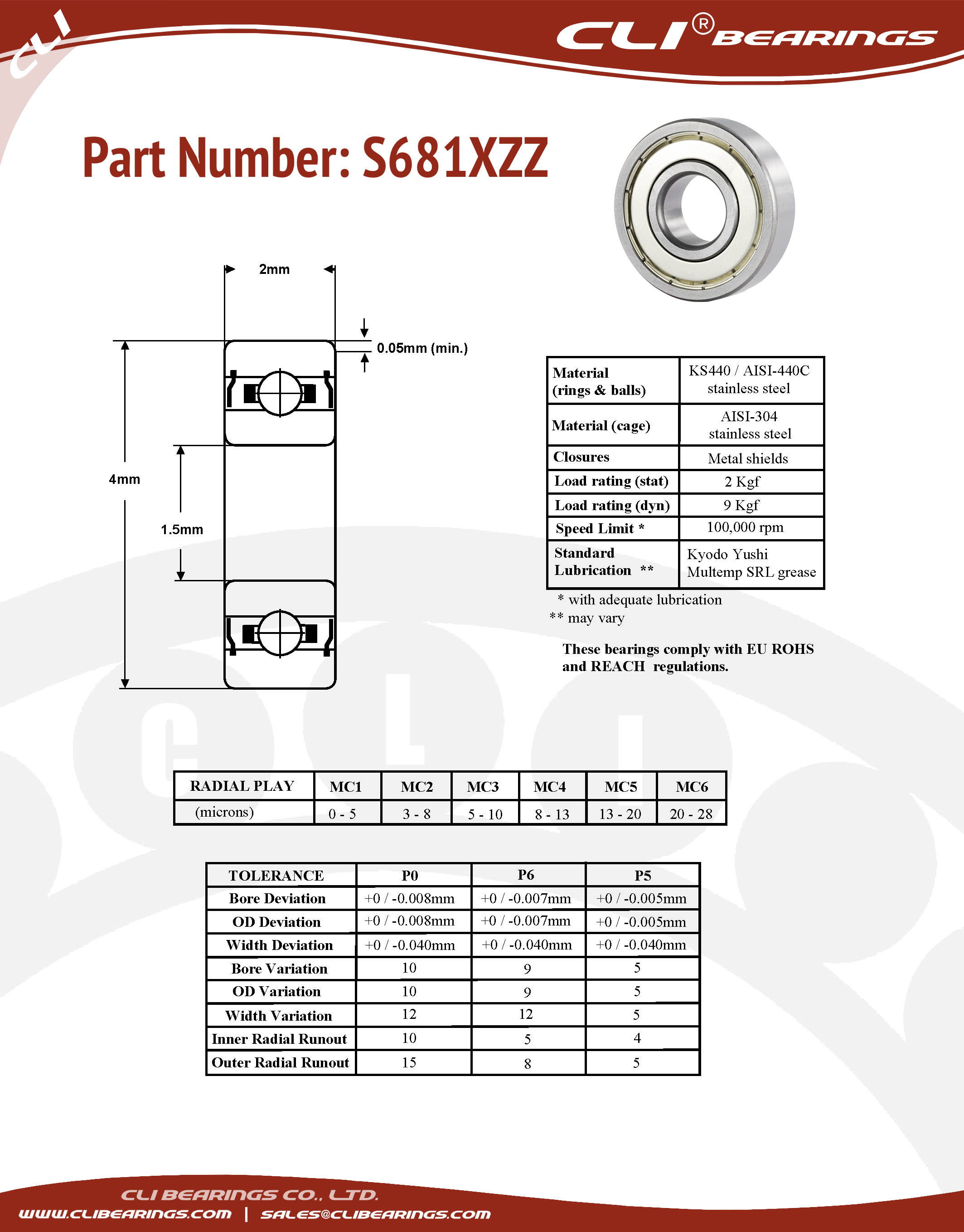 Original s681xzz stainless steel miniature bearing 1 5x4x2mm cli