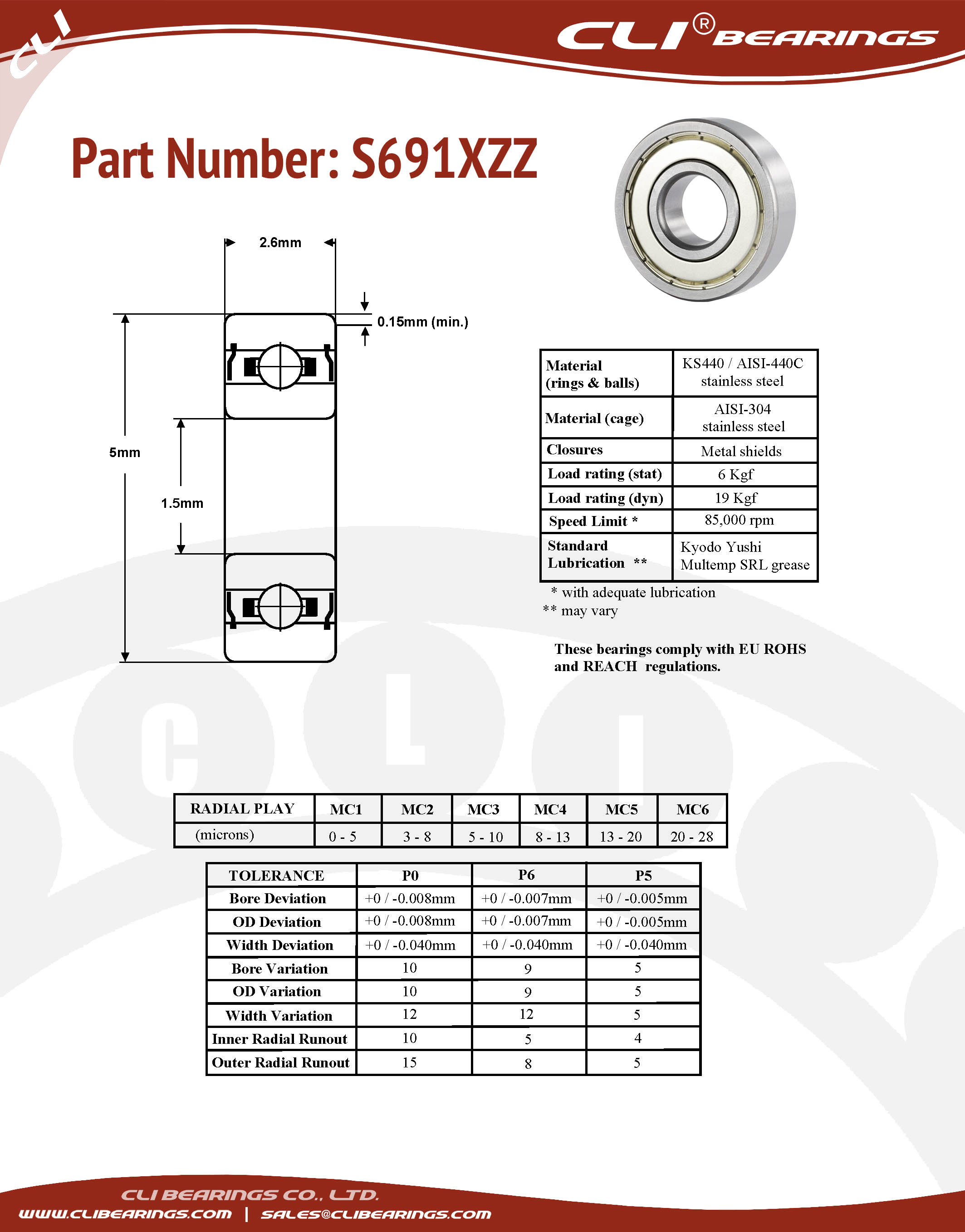Original s691xzz stainless steel miniature bearing 1 5x5x2 6mm cli