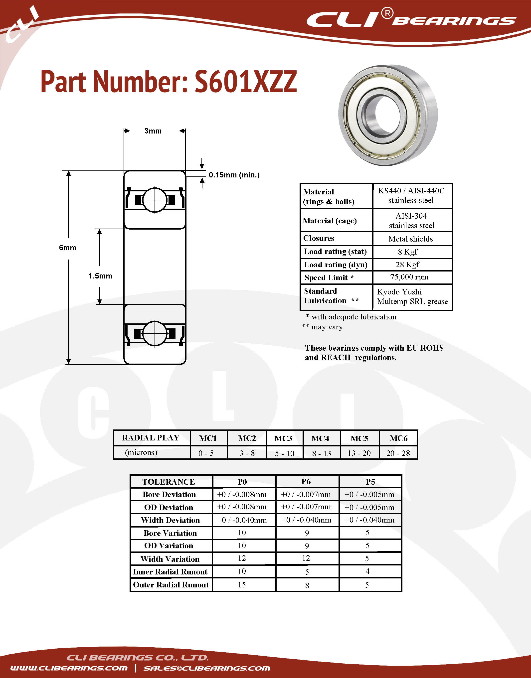 Original s601xzz stainless steel miniature bearing 1 5x6x3mm cli